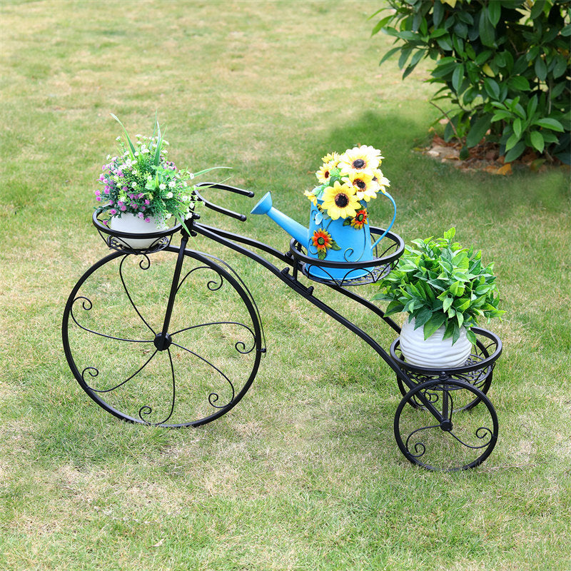 Lofaris 2.6X1.6FT Black Metal Tricycle Flower Pot Plant Cart Stand