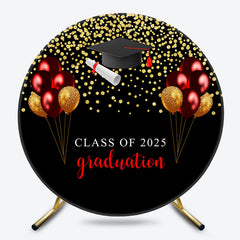 Gold Glitter Purple Balloons Black Round Grad Backdrop