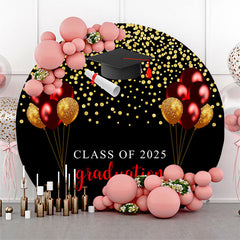 Gold Glitter Purple Balloons Black Round Grad Backdrop