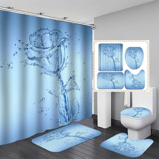 Lofaris 3D Romantic Light Blue Water Rose Bathtub Shower Curtain