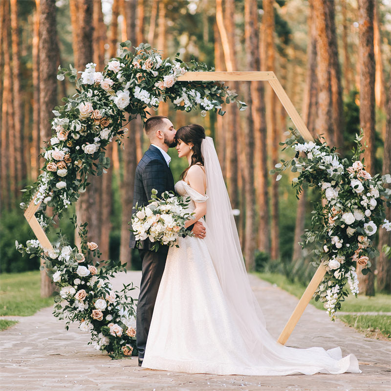 Lofaris 7.5X6.5Ft Light Wooden Hexagon Wedding Arch Decor