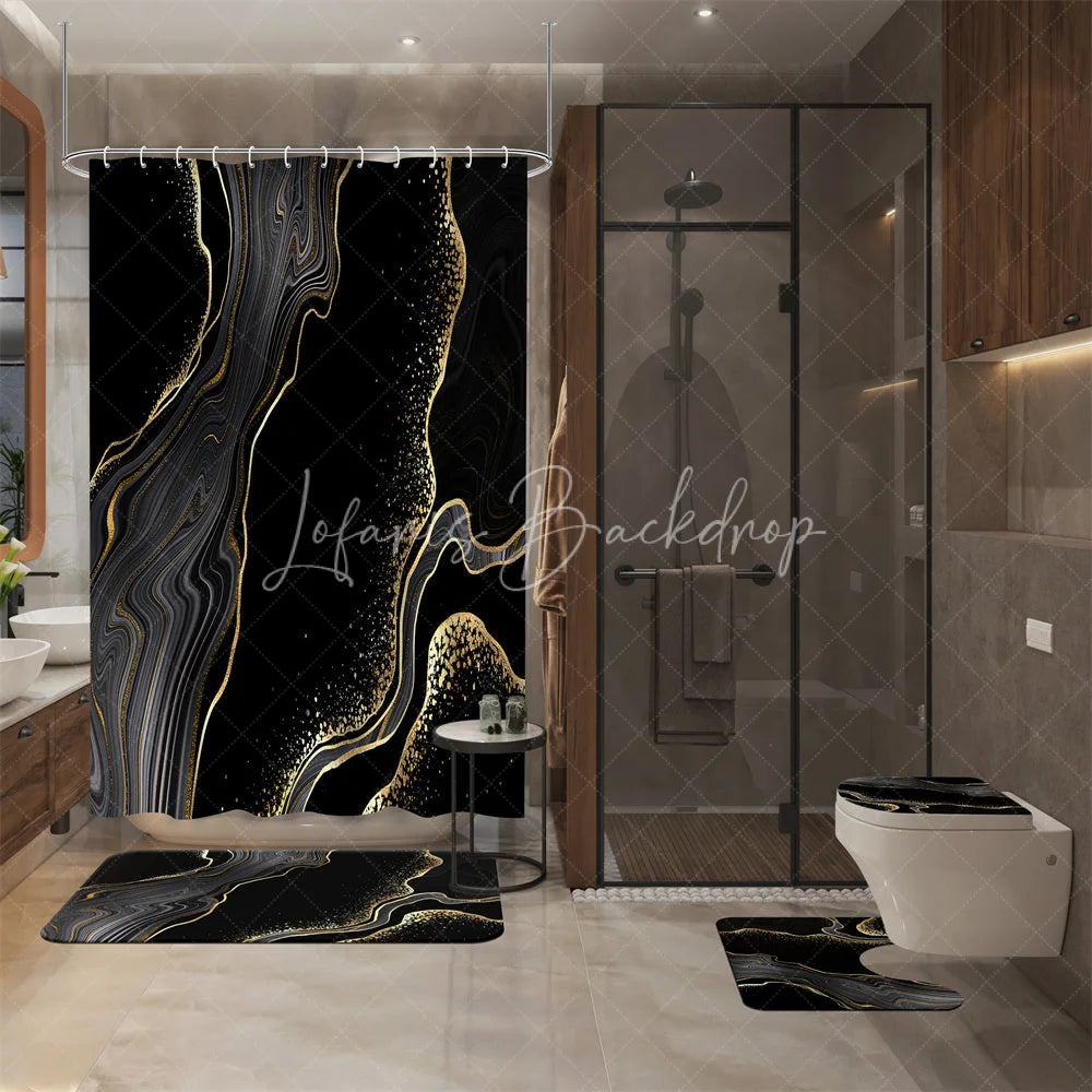 Lofaris (7 Day Delivery)Lofaris Black Gold Marbled Shower Curtain Kit