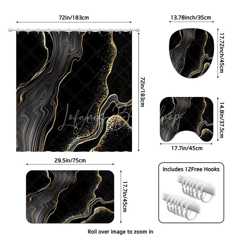 Lofaris (7 Day Delivery)Lofaris Black Gold Marbled Shower Curtain Kit