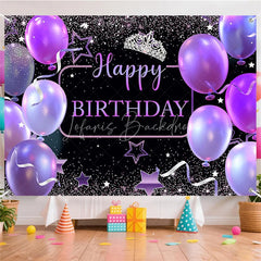 Lofaris (7 Day Delivery) Black Purple Balloons Crown Happy Birthday Backdrop