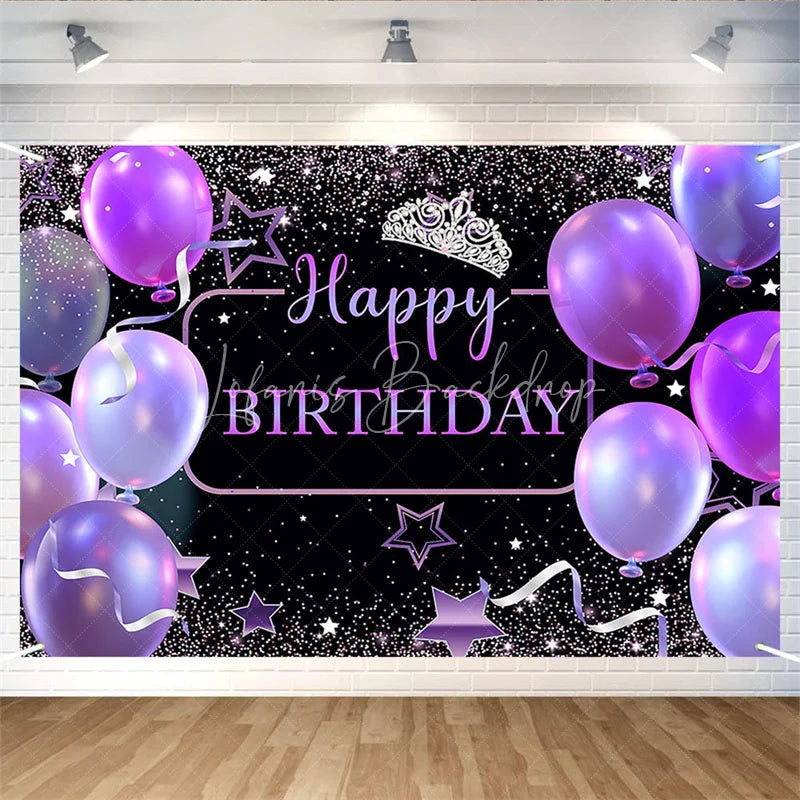 Lofaris (7 Day Delivery) Black Purple Balloons Crown Happy Birthday Backdrop
