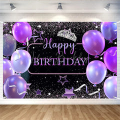 Lofaris (7 Day Delivery) Black Purple Balloons Crown Happy Birthday Backdrop