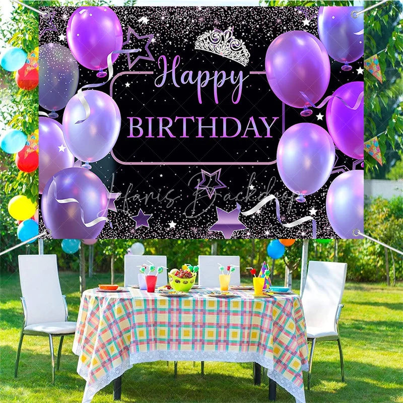 Lofaris (7 Day Delivery) Black Purple Balloons Crown Happy Birthday Backdrop