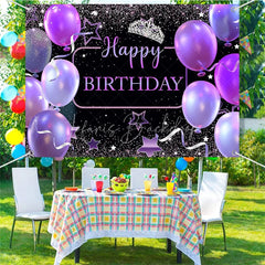 Lofaris (7 Day Delivery) Black Purple Balloons Crown Happy Birthday Backdrop