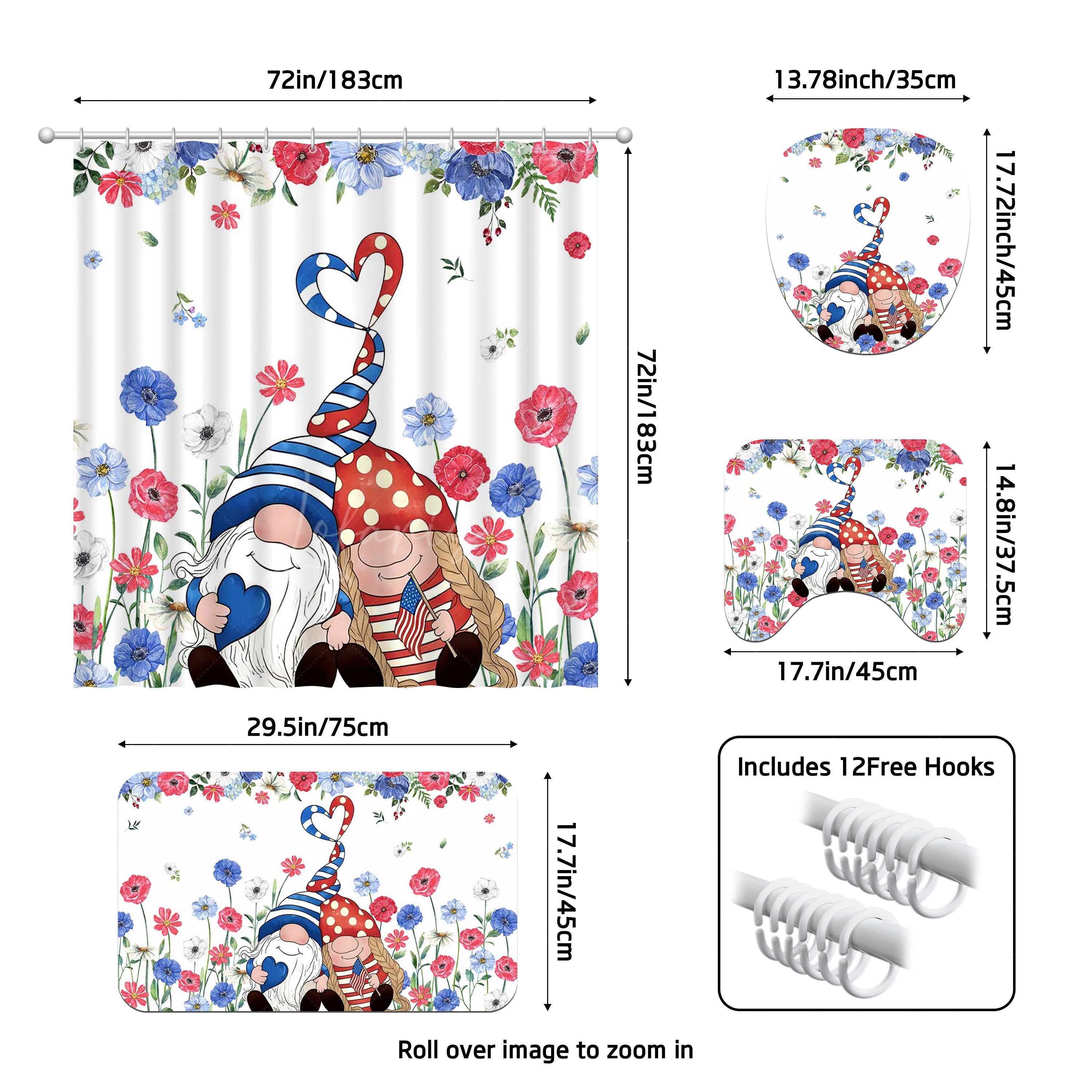 Lofaris (7 Day Delivery) Floral Red Blue Cartoon Gnome Shower Curtain Kit