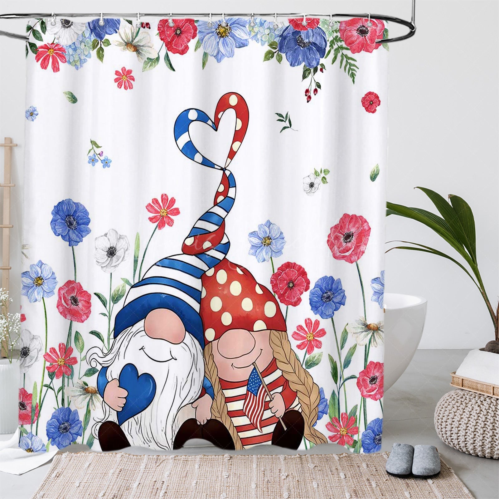 Lofaris (7 Day Delivery) Floral Red Blue Cartoon Gnome Shower Curtain Kit