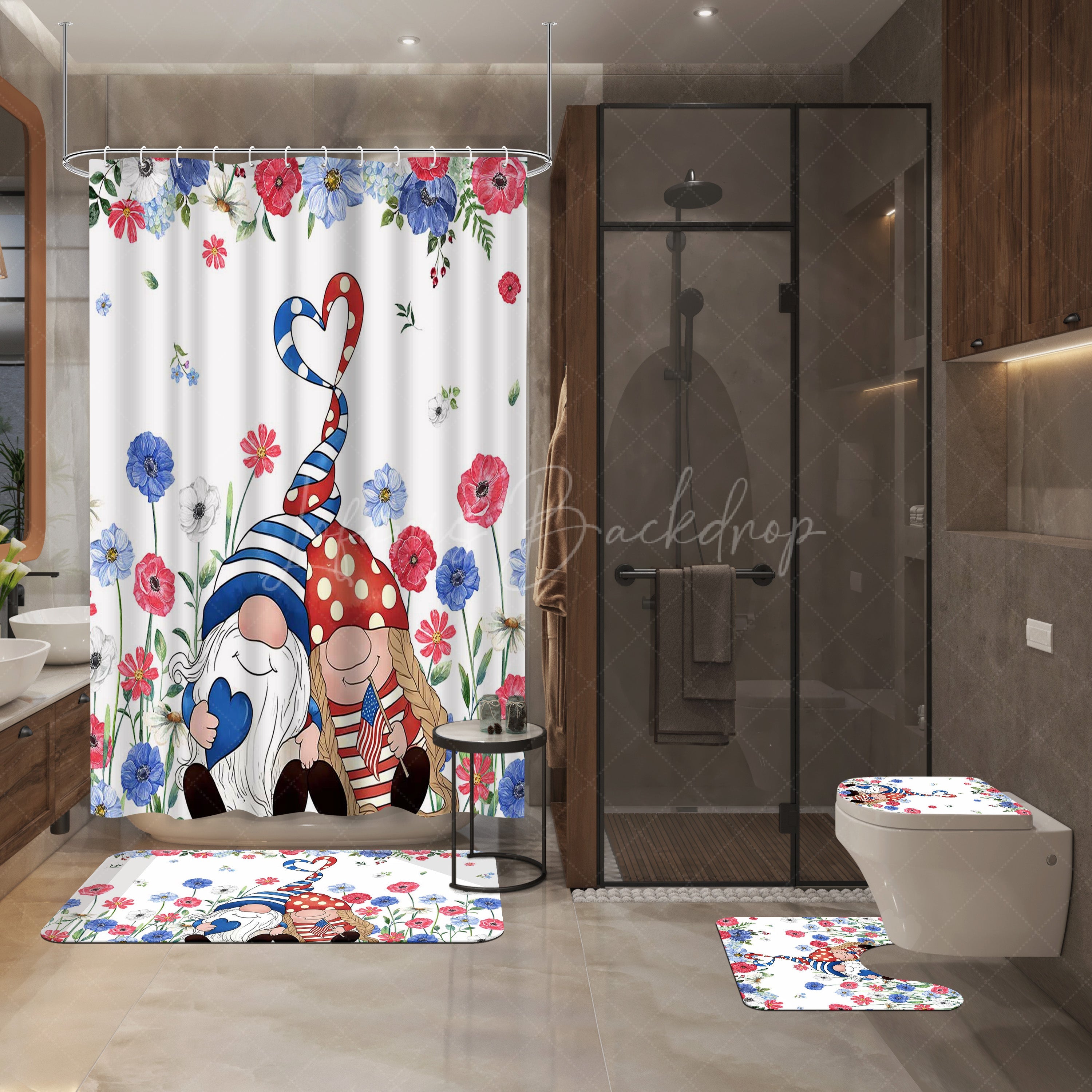 Lofaris (7 Day Delivery) Floral Red Blue Cartoon Gnome Shower Curtain Kit