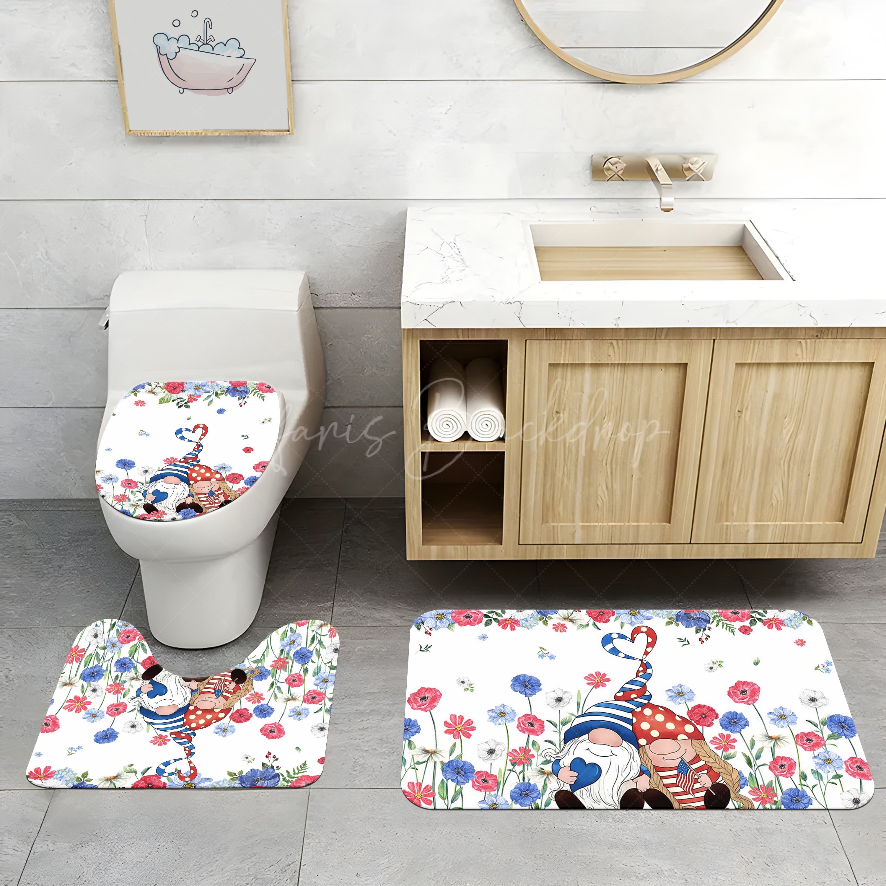 Lofaris (7 Day Delivery) Floral Red Blue Cartoon Gnome Shower Curtain Kit