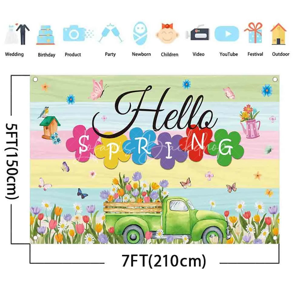 Lofaris (7 Day Delivery) Hello Spring Floral Blooming Truck Photography Backdrop