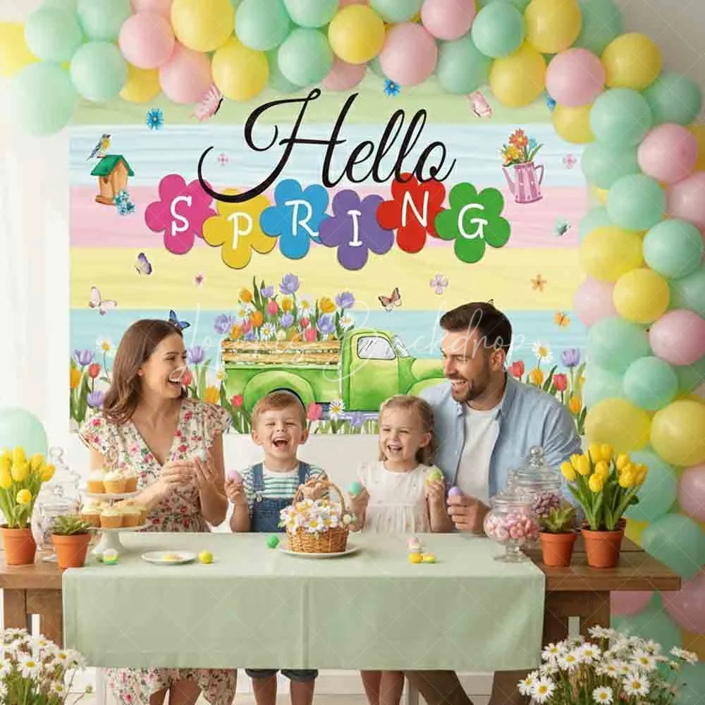 Lofaris (7 Day Delivery) Hello Spring Floral Blooming Truck Photography Backdrop
