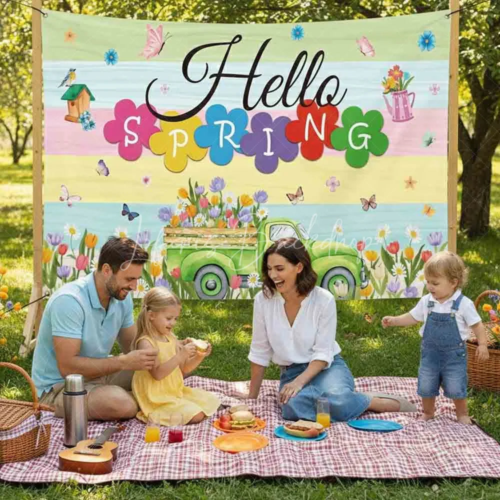Lofaris (7 Day Delivery) Hello Spring Floral Blooming Truck Photography Backdrop