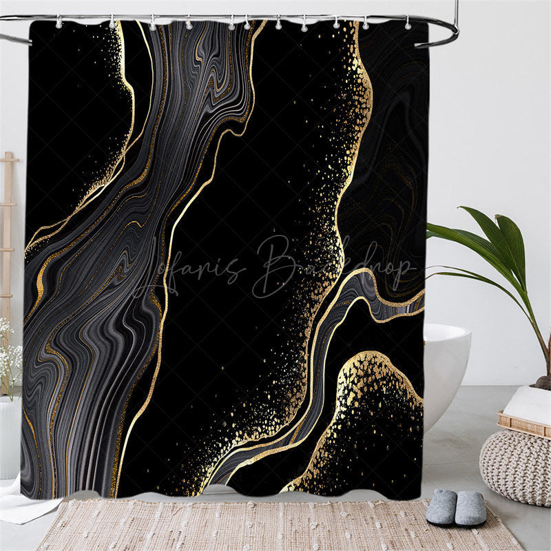 Lofaris (7 Day Delivery) Marble Black Gold Texture Shower Curtain Kit