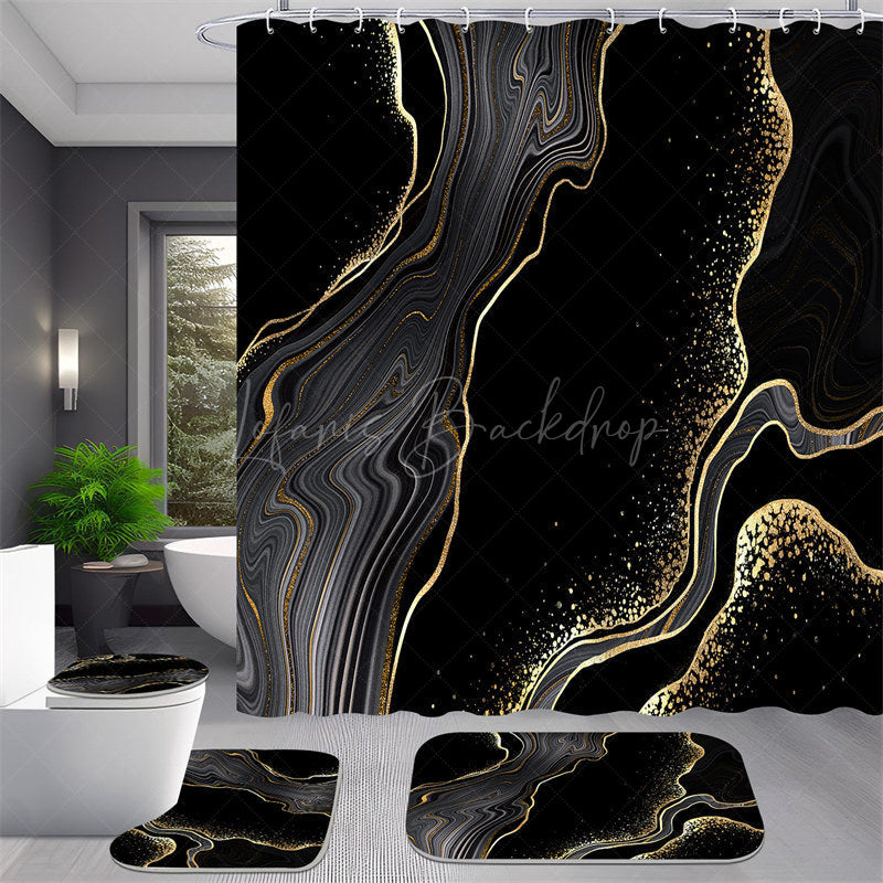Lofaris (7 Day Delivery) Marble Black Gold Texture Shower Curtain Kit