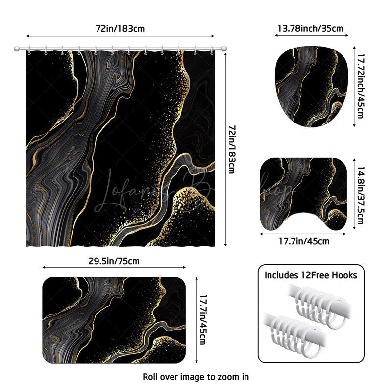 Lofaris (7 Day Delivery) Marble Black Gold Texture Shower Curtain Kit