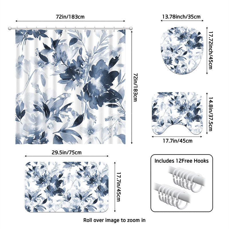Lofaris (7 Day Delivery) Navy Blue Ink Flowers Shower Curtain Kit