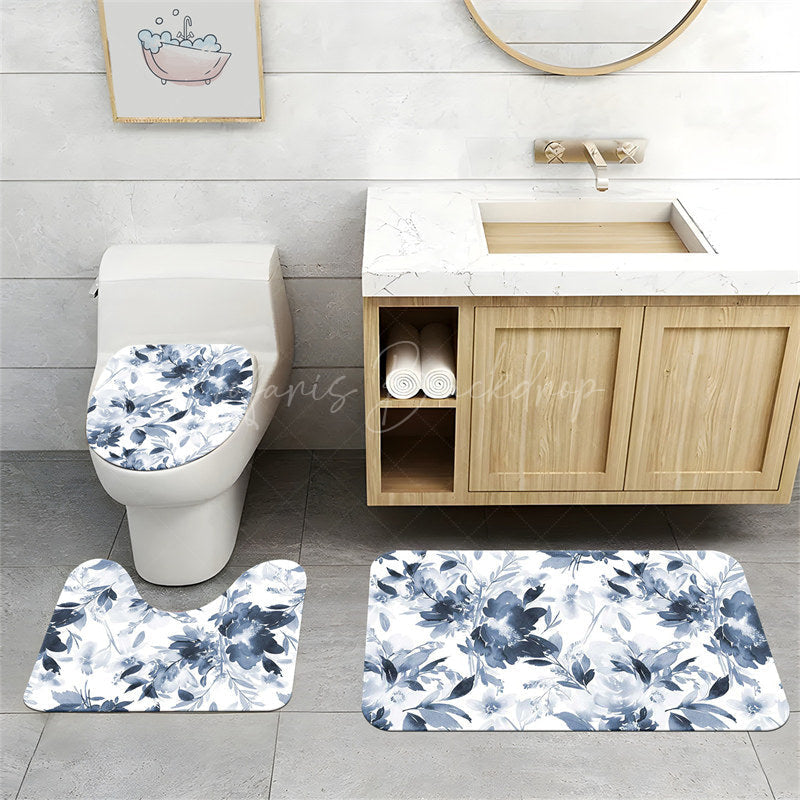 Lofaris (7 Day Delivery) Navy Blue Ink Flowers Shower Curtain Kit