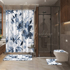 Lofaris (7 Day Delivery) Navy Blue Ink Flowers Shower Curtain Kit