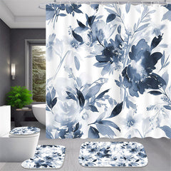 Lofaris (7 Day Delivery) Navy Blue Ink Flowers Shower Curtain Kit