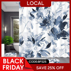 Lofaris (7 Day Delivery) Navy Blue Ink Flowers Shower Curtain Kit