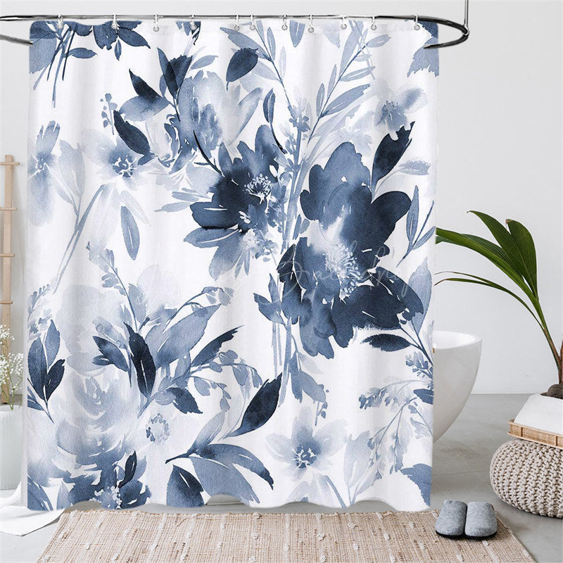 Lofaris (7 Day Delivery) Navy Blue Ink Flowers Shower Curtain Kit