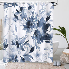 Lofaris (7 Day Delivery) Navy Blue Ink Flowers Shower Curtain Kit