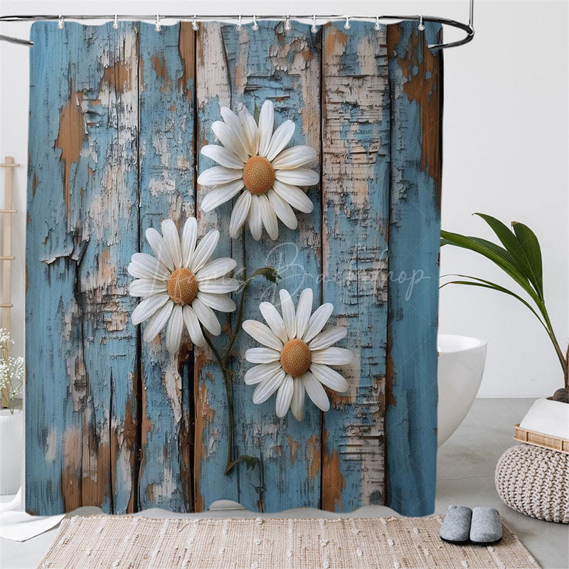Lofaris (7 Day Delivery) Rustic Blue Daisy Flower Shower Curtain Kit