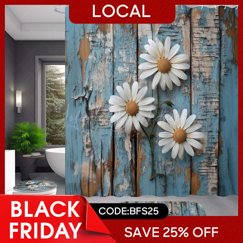 Lofaris (7 Day Delivery) Rustic Blue Daisy Flower Shower Curtain Kit