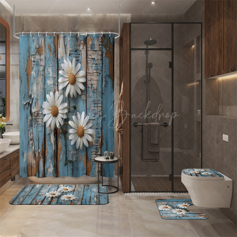 Lofaris (7 Day Delivery) Rustic Blue Daisy Flower Shower Curtain Kit