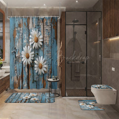 Lofaris (7 Day Delivery) Rustic Blue Daisy Flower Shower Curtain Kit