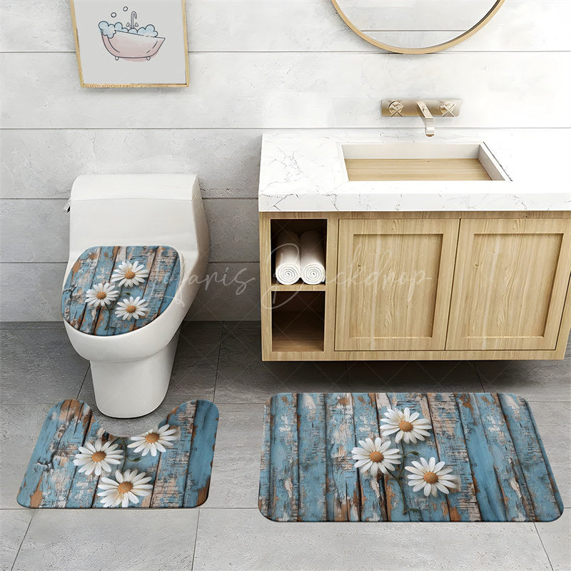 Lofaris (7 Day Delivery) Rustic Blue Daisy Flower Shower Curtain Kit