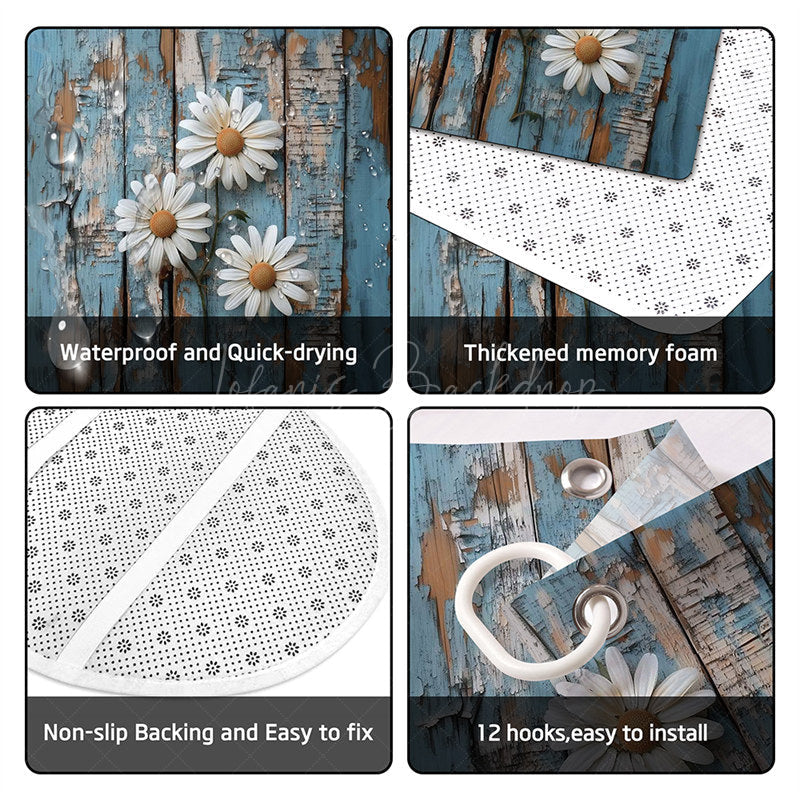 Lofaris (7 Day Delivery) Rustic Blue Daisy Flower Shower Curtain Kit