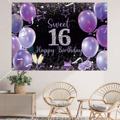 Lofaris (7 Day Delivery) Sweet 16 Balloon Purple Birthday Backdrop