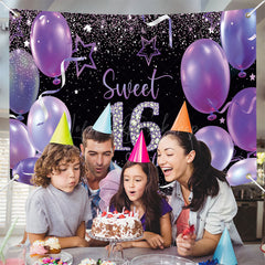 Lofaris (7 Day Delivery) Sweet 16 Balloon Purple Birthday Backdrop