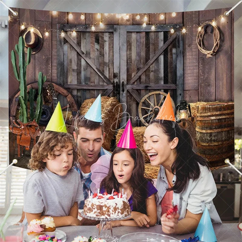 Lofaris (7 Day Delivery) Wooden Barn Door Lighted Cowboy Birthday Backdrop