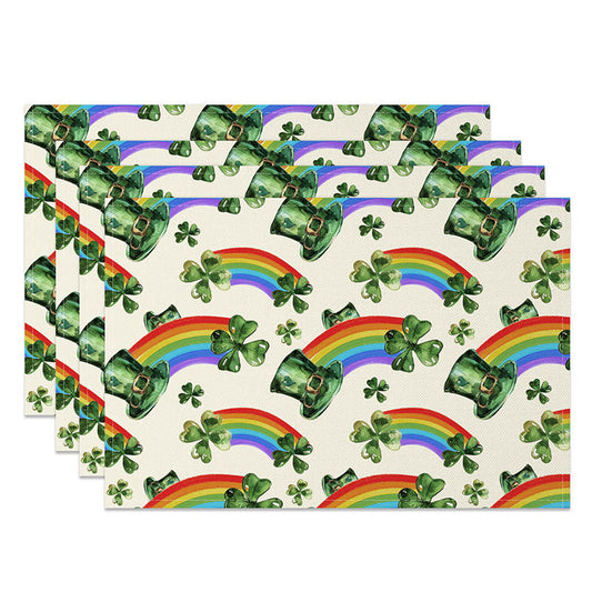 Lofaris Watercolor Leprechaun Hat Pattern Set of 4 Placemats, St. Patricks Day Rainbow and Clover Table Mats