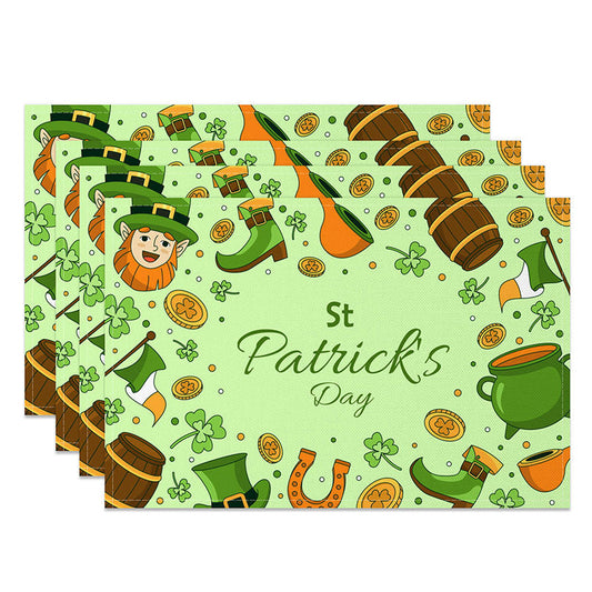 Lofaris St. Patricks Day Cartoon Icons Set of 4 Placemats, Leprechaun and Pot of Gold Green Dining Table Mats