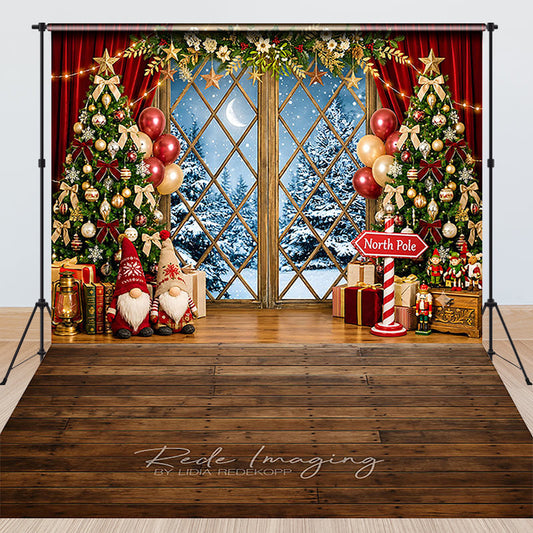 Lofaris Festive Christmas Trees and Snowy Window Combo Set Backdrop, with Gnomes, Gifts, and Balloons for Holiday Decor