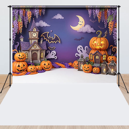 Lofaris Whimsical Halloween Haunted House and Pumpkin Combo Set Backdrop, Spooky Moon Bat Ghost Party Decor