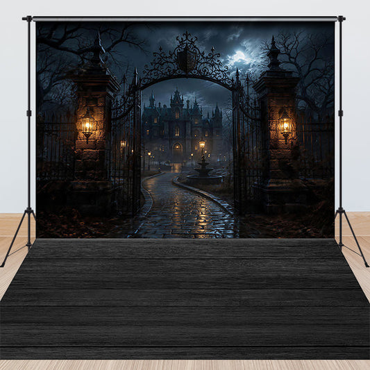 Lofaris Eerie Gothic Haunted Mansion Ornate Gate Moonlit Night Combo Set Backdrop, Spooky Halloween Party and Dark Fantasy Decor
