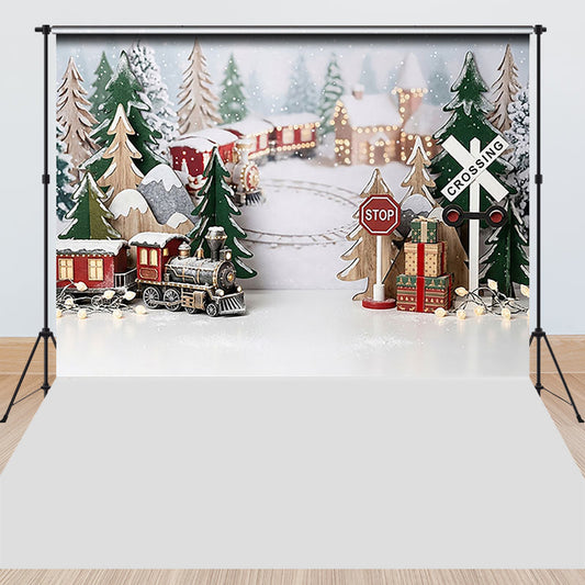 Lofaris Christmas Winter Wonderland Train Combo Set Backdrop, Festive Snowy Village Holiday Party Decor
