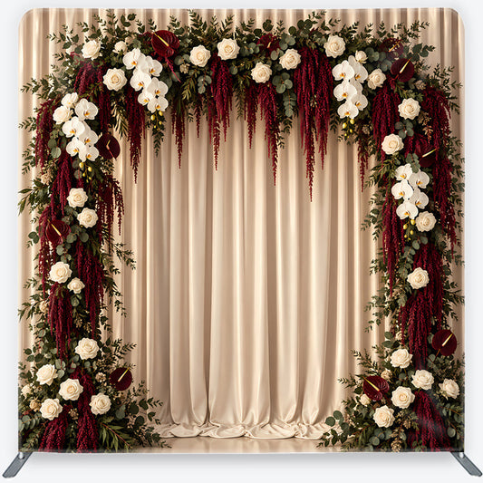 Lofaris Elegant White Rose and Orchid Floral Arch Square Double-Sided Backdrop, Deep Red Amaranthus Wedding Decor