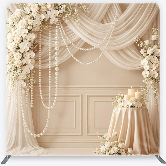 Lofaris Elegant White Rose Orchid and Pearl Wedding Square Double-Sided Backdrop, Cream Drapes and Candles Celebration Decor