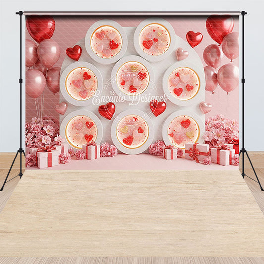 Lofaris Valentine Combo Set Backdrop, Pink Heart Niche Wall Photography Prop, Romantic Balloon Floral Photo Background