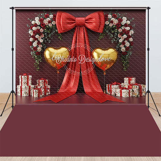 Lofaris Valentine Combo Set Backdrop, Large Red Bow Gold Heart Photography Prop, Burgundy Floral Wall Photo Background