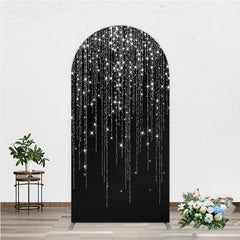 Lofaris Elegant Black and Silver Glitter Round Top Arch Backdrop with Sparkling Stars, Festive Party Decor