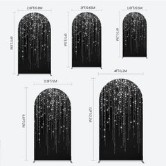 Lofaris Elegant Black and Silver Glitter Round Top Arch Backdrop with Sparkling Stars, Festive Party Decor